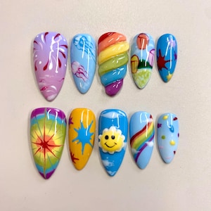 Colorful Rainbow Press On Nails with Jellyfish, Smiley Sun, Balloons & 3D Art – Handmade Fun Summer Nail Set for Creative Women