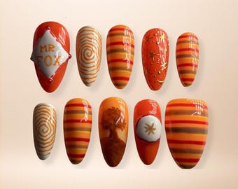 Handmade Retro Fall Press On Nails: Warm Tone Autumn Designs