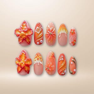 3D Hibiscus Press On Nails: Tropical Orange Pearl Nail Art