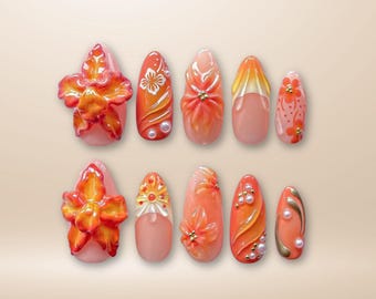3D Hibiscus Press On Nails: Tropical Orange Pearl Nail Art