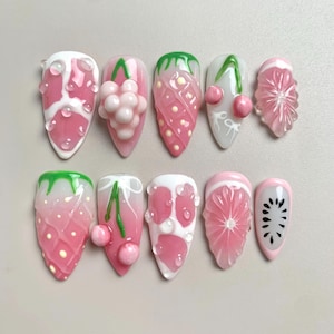 Pink Fruit Press On Nails with 3D Strawberries, Cherries and Citrus, Handmade Cute Faux Gel Nails for Summer Picnic, Kawaii, Cute, Birthday