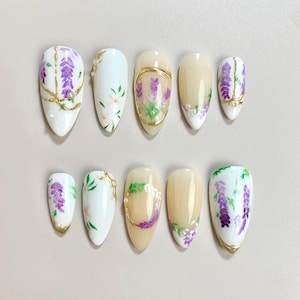 Lavender Blossom Press On Nails, Handmade Fake Nails With Floral and Gold Details, Reuseable Faux Acrylic Nails for Garden Lovers, Spring