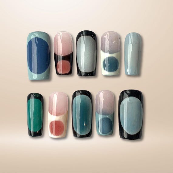 Handpainted French Tip Press on Nails: Square Acrylic Nail Art