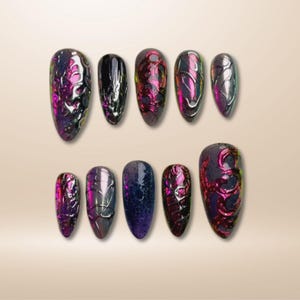 Custom Dark Abstract Purple Press On Nails, Y2K Black Purple Mirror Chrome Goth Gothic Fake Nails, Handmade