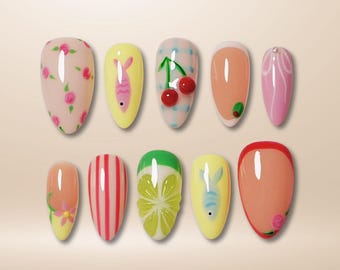Retro Fruit Press On Nails: Handmade Colorful Summer Gel Nail Set