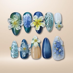 3D Floral Press On Nails: Ocean Blue Pearl Nail Art