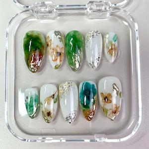 Reusable Green Floral Marble | Premium Press On Nails Gel | Fake Nails | Elegant Floral Gel Nail Art | Custom Handmade Nails for Events