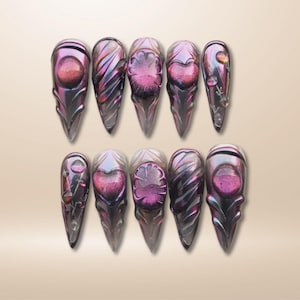 Melted Chrome Night Press On Nails | 3D Dark Purple Stiletto Nails | Handmade Illusion Fake Nails Set | Long Elegant Festive Nails