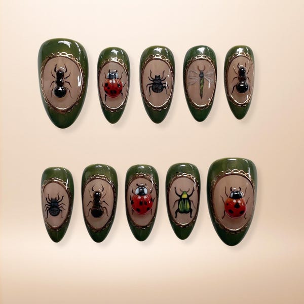 Bug Beetle Press On Nails: Handmade Forest Green Autumn Ladybug Details
