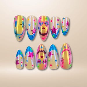 Colorful Neon Star Press On Nails | 3D Neon Smiley Nail Art | Almond Nail Art for Party Fake Nails | Halloween Acrylic Nails