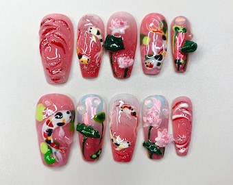 Koi Fish Press On Nails: 3D Lotus Flower Nail Art for Nature Lovers