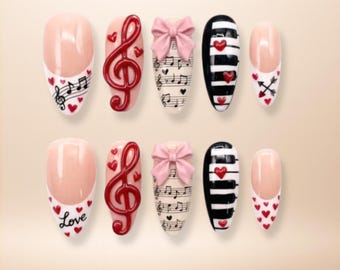 Valentine Heart Press On Nail Design with Bow Crystal Accent Love Theme
