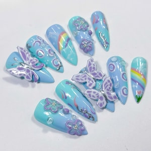 Pastel Butterfly Press On Nails with Rainbows, Flowers and Bubbles, Handmade Fairycore Faux Acrylic Nail Gels for Dreamy Spring Aesthetic