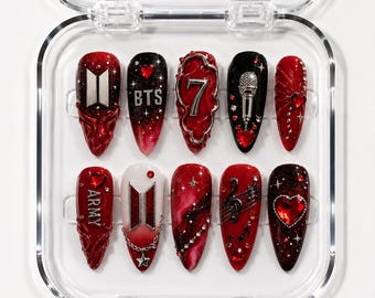Kpop Armee Gefälschte Nägel | 7 Spirit Arirang Love Muse Press-Ons | Rot, Weiß, Silber Retro Pop Nägel, 3D Chrome Nail Art