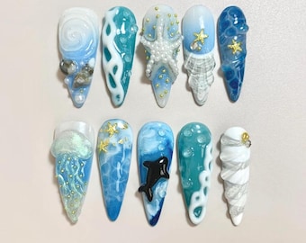 3D Ocean Press-On Nails: Handmade Marine Theme Gel Nails with Starfish