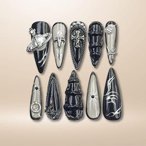 Black Stiletto Press On Nails: Metallic Gothic Nail Art
