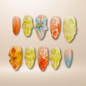Ocean 3D Press On Nails: Seashell & Floral Handmade Nail Art