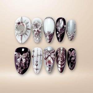 Black and White Press On Nails with 3D Chrome Stars Butterflies Bows and Gems, Edgy Handmade Nail Set for Glam Goth Aesthetic