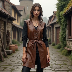 Women Brown Leather Vest | Medieval Fantasy Cosplay Tunic | Elegant Lace-Up Sleeveless Outfit | Renaissance-Inspired Halloween Gift