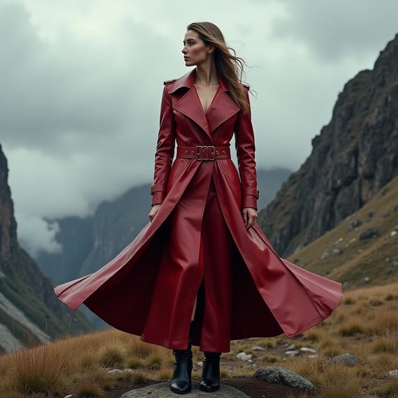 Damen Roter Leder Trenchcoat Maxi-Mantel mit Gürtel Luxus