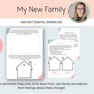 May include: A printable worksheet for kids to help them process their feelings about a new blended family. The worksheet features two houses with space to draw and write about what makes a happy home.