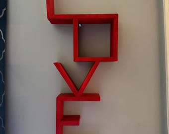Handcrafted “LOVE” Wall Shelf – Modern Red Decorative Shelf, Word Art Display, Unique Home Decor
