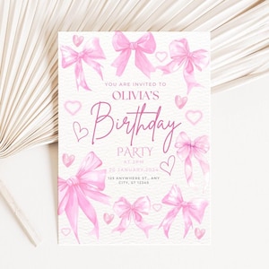May include: A light-coloured invitation featuring pink watercolour bows and hearts. The text reads "You are invited to Olivia's Birthday Party at 2PM, 20 January 2024, 123 Anywhere St., Any City, ST 12345."