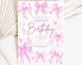 Könnte beinhalten: Eine hellfarbene Einladung mit rosa Aquarellschleifen und Herzen. Der Text lautet: "Du bist eingeladen zu Olivias Geburtstagsparty um 14:00 Uhr, 20. Januar 2024, 123 Anywhere St., Any City, ST 12345."