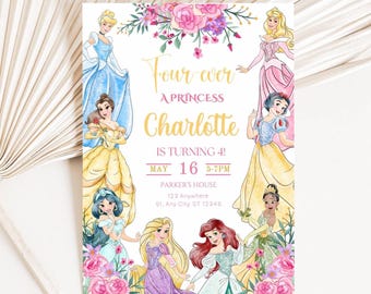May include: A princess-themed birthday invitation featuring watercolor illustrations of various princesses. The invitation includes the text "Four-ever A Princess Charlotte is turning 4!" with the date, time, and location details. The design incorporates floral elements.
