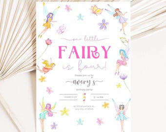 May include: A white invitation card with watercolor illustrations of fairies, butterflies, and flowers. The text reads "our little FAIRY is four!" with details for a birthday party, including the date, time, and location.