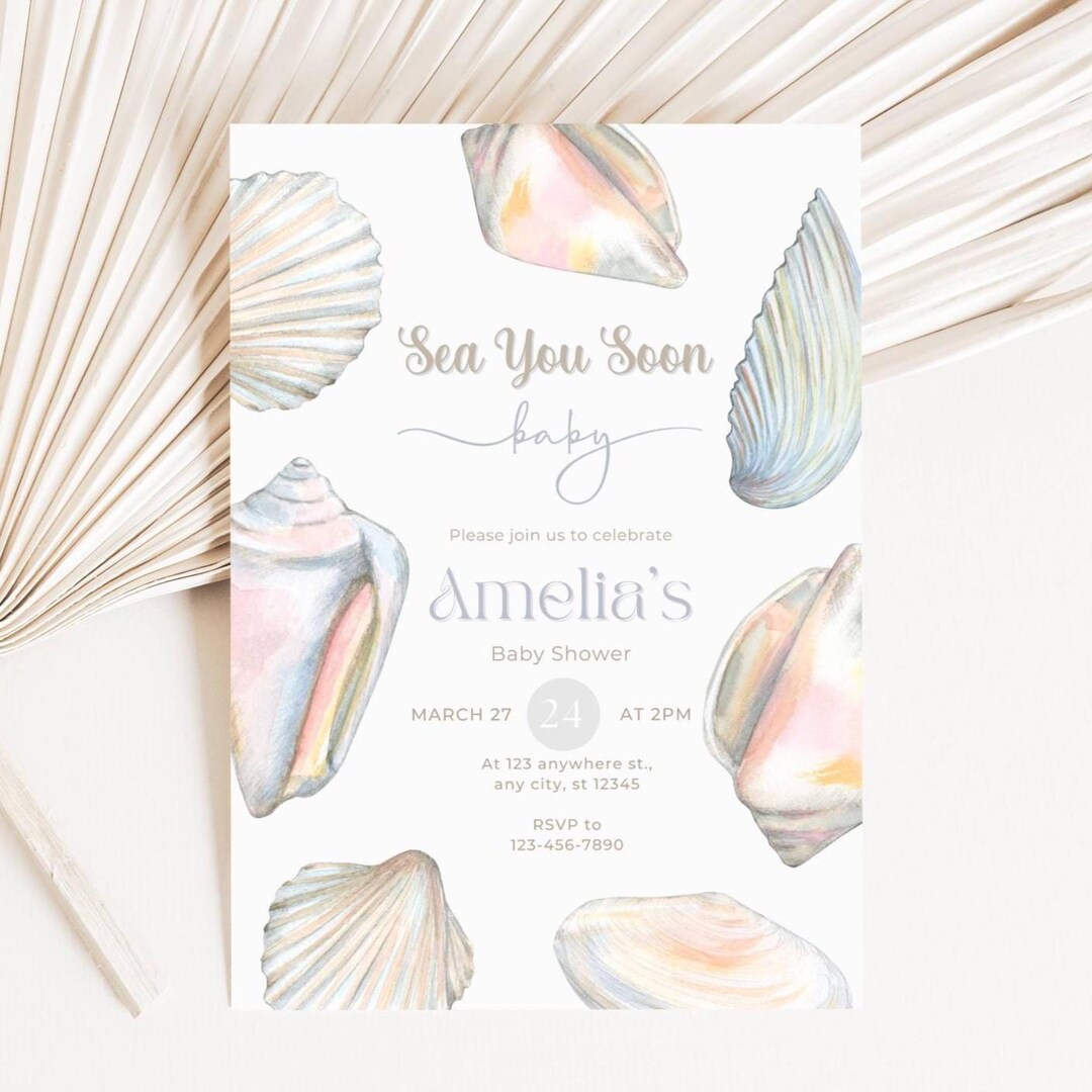 Seashell Baby Shower Invitation | Sea You Soon Baby Invite | Coastal ...