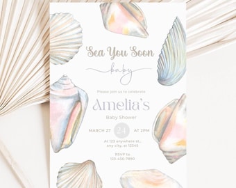 May include: A baby shower invitation featuring watercolor seashells in pastel colors. The text reads "Sea You Soon baby" and invites guests to celebrate Amelia's baby shower on March 27th at 2 PM. RSVP information is included.