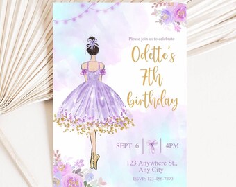 May include: A watercolor-style birthday invitation featuring a ballerina in a purple dress with gold accents. The invitation includes the text "Odette's 7th birthday" and event details. Soft pastel colors and floral elements complete the design.