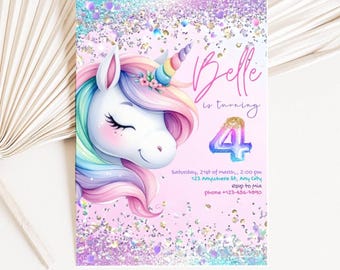 May include: A pastel pink birthday invitation featuring a unicorn with a rainbow mane and horn. The invitation reads "Belle is turning 4" with event details below. Glitter accents frame the design.