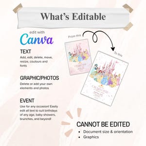 K&ouml;nnte beinhalten: Ein Bild, das ein Flyer-Design mit dem Text "What's Editable" und Anweisungen zur Bearbeitung mit Canva zeigt. Das Design zeigt ein Prinzessinnen-Thema mit einem Schloss und Prinzessinnen-Illustrationen. Text und Grafiken sind editierbar.