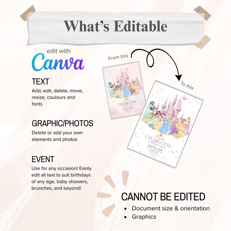 K&ouml;nnte beinhalten: Ein Bild, das ein Flyer-Design mit dem Text "What's Editable" und Anweisungen zur Bearbeitung mit Canva zeigt. Das Design zeigt ein Prinzessinnen-Thema mit einem Schloss und Prinzessinnen-Illustrationen. Text und Grafiken sind editierbar.