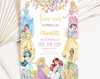 May include: A princess-themed birthday invitation featuring illustrations of several princesses in their iconic gowns. The invitation includes the text "Four ever A Princess Charlotte is turning 4!" with event details. Floral accents and a soft color palette enhance the design.