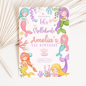 Mermaid 1st Birthday Invitation | Shellabrate Girl Birthday Party Invite | Editable Under the Sea Theme | Instant Download Printable