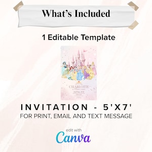 K&ouml;nnte beinhalten: Eine rosa Einladungsvorlage mit einer Burg- und Prinzessinnen-Illustration. Die Einladung ist 5x7 Zoll (ca. 13 x 18 cm) gro&szlig; und enth&auml;lt den Text "What's Included", "1 Editable Template" und "INVITATION - 5'X7'". F&uuml;r Druck, E-Mail und Textnachricht.