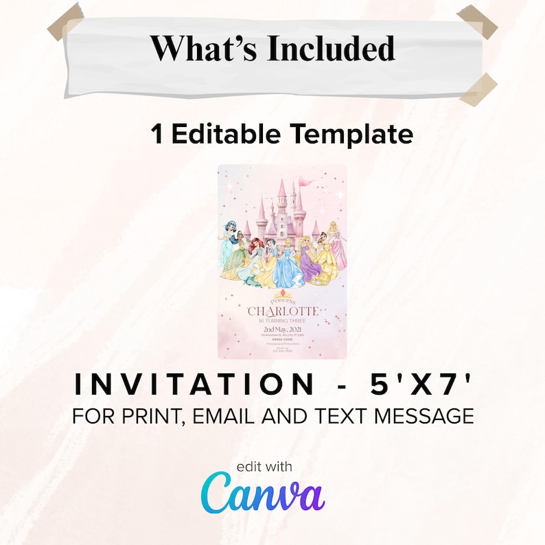 K&ouml;nnte beinhalten: Eine rosa Einladungsvorlage mit einer Burg- und Prinzessinnen-Illustration. Die Einladung ist 5x7 Zoll (ca. 13 x 18 cm) gro&szlig; und enth&auml;lt den Text "What's Included", "1 Editable Template" und "INVITATION - 5'X7'". F&uuml;r Druck, E-Mail und Textnachricht.