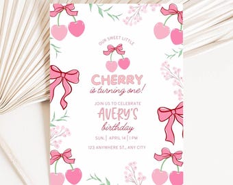May include: A white invitation card with a pink cherry theme. The card features pink cherries, bows, and floral accents. Text includes "Cherry is turning one!" and details for Avery's birthday.