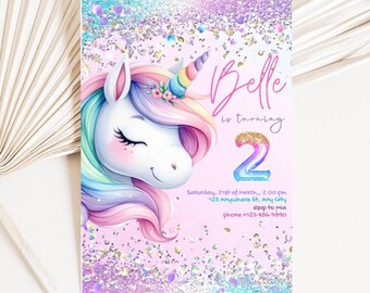 Glitter Unicorn Birthday Invitation Girl – Editable 2nd Birthday Party Invite, Rainbow Pastel Unicorn Theme, Instant Download, Magical Party