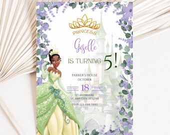 May include: A birthday invitation featuring a princess illustration in a green gown, with a castle backdrop. The invitation includes the text "Princess Giselle is turning 5!" and event details in purple and gold.