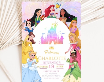 May include: A party invitation featuring illustrations of various princesses surrounding a castle. The invitation reads "Princess Charlotte is turning 7!" with the date and time, and a location address.