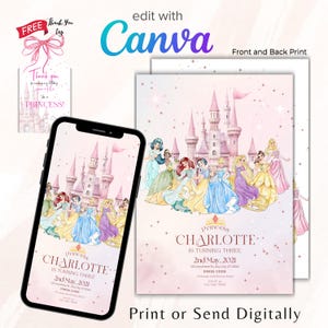 K&ouml;nnte beinhalten: Eine rosa Geburtstagseinladung zum Thema Prinzessin mit einer Schlossillustration und mehreren Prinzessinnen. Die Einladung wird auf einem Smartphone und auf Papier angezeigt. Der Text lautet "Prinzessin Charlotte wird drei."