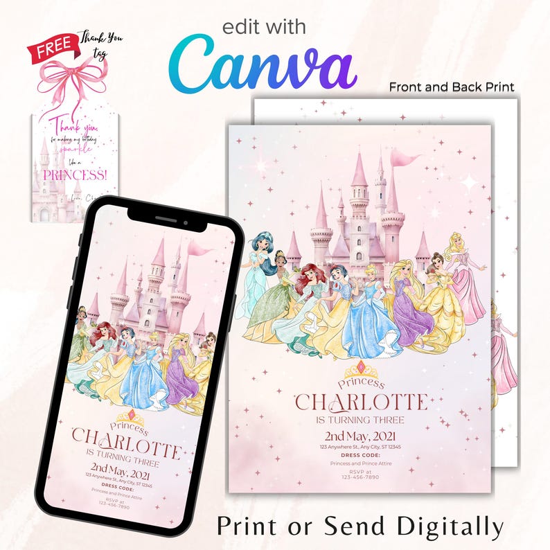 K&ouml;nnte beinhalten: Eine rosa Geburtstagseinladung zum Thema Prinzessin mit einer Schlossillustration und mehreren Prinzessinnen. Die Einladung wird auf einem Smartphone und auf Papier angezeigt. Der Text lautet "Prinzessin Charlotte wird drei."