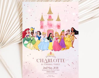 May include: A pink princess-themed birthday invitation featuring a pink castle with gold glitter accents and illustrations of several princesses. The invitation includes the text "Princess Charlotte is turning three" and event details.
