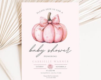May include: A pink baby shower invitation featuring a watercolor illustration of a pink pumpkin with a bow. The invitation includes the text "Please join us for a baby shower" and details for the event, including the honoree's name, date, time, and RSVP information.