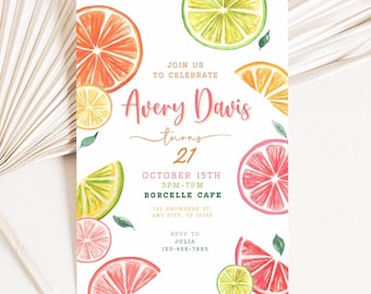 Tropical Citrus Birthday Invitation Watercolor Fruit Editable Template for Summer Birthday Celebration Orange Lemon Lime Party Invite
