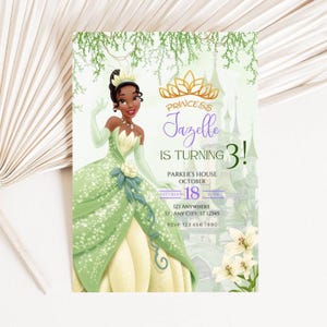 May include: A princess-themed birthday invitation featuring a cartoon princess in a green and cream dress. The invitation includes the text "Princess Jazelle is turning 3!" with event details, a gold crown, and a castle illustration.